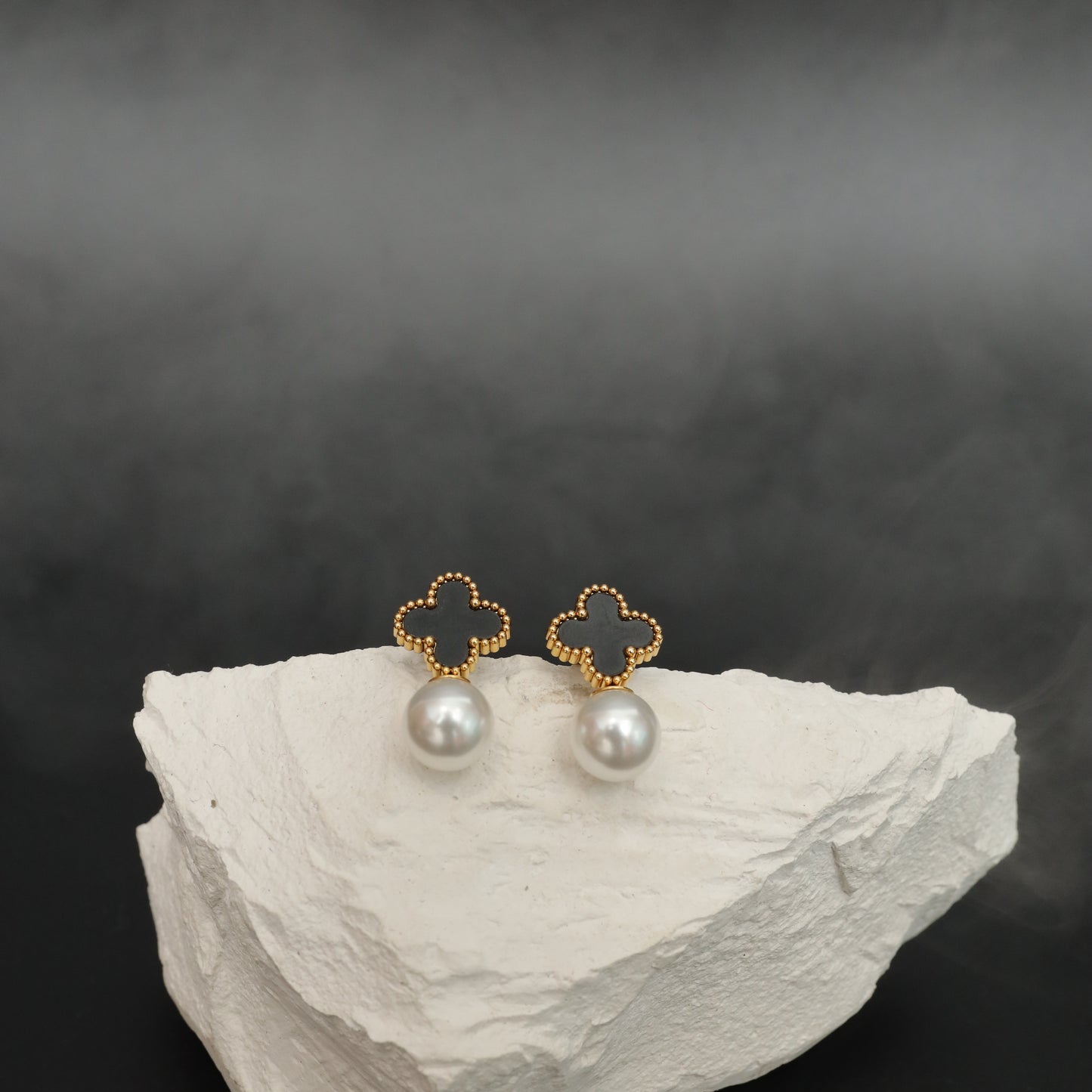 Two-Tone Clover & Pearl Drop Earrings  Stainless Steel