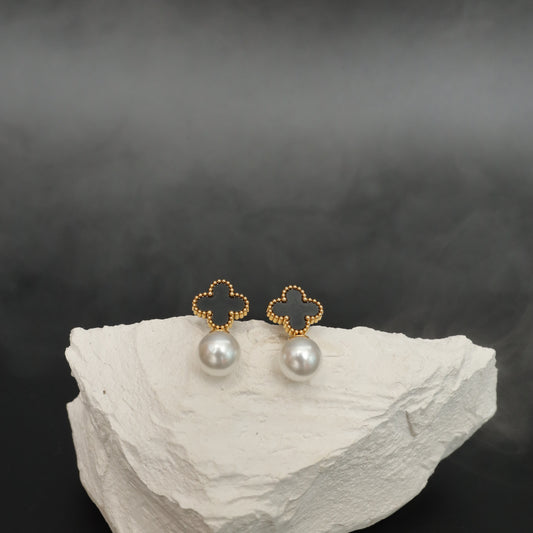 Two-Tone Clover & Pearl Drop Earrings  Stainless Steel