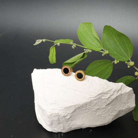 Gold Plated Black Enamel Stud Earrings  Stainless Steel