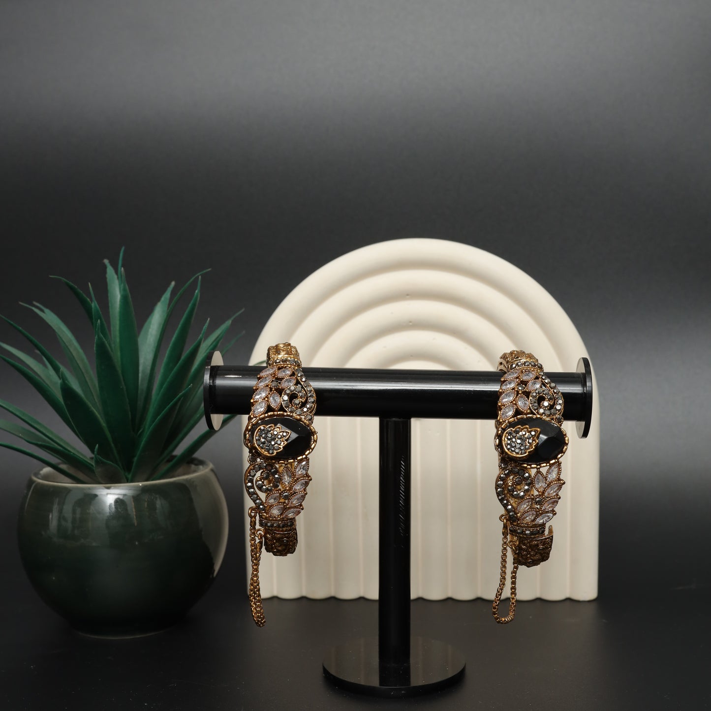 Rhinestone & Black Enamel Turkish Cuff Bangles   Stainless