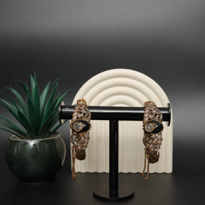 Rhinestone & Black Enamel Turkish Cuff Bangles   Stainless