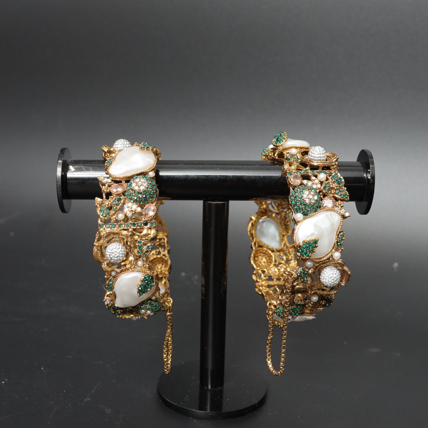 Rhinestone & Green Pearl Cuff Bangles  Stainless