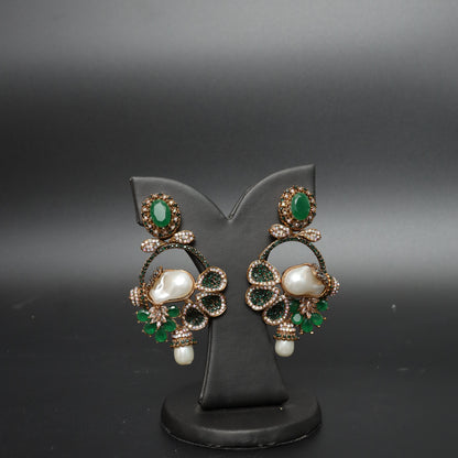 Statement Emerald Green & Pearl Dangle Earrings