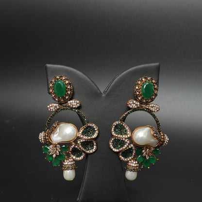Statement Emerald Green & Pearl Dangle Earrings