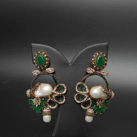 Statement Emerald Green & Pearl Dangle Earrings