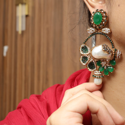 Statement Emerald Green & Pearl Dangle Earrings