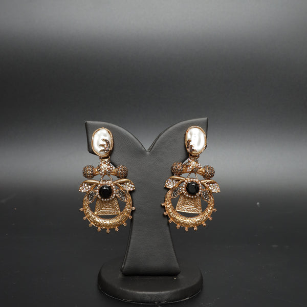 Baroque Black Stone and Carved Pearl Statement Earrings
