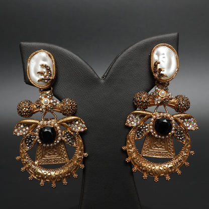 Baroque Black Stone and Carved Pearl Statement Earrings
