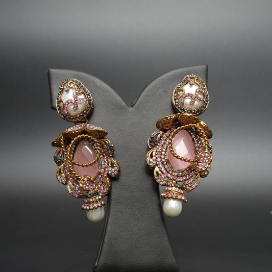 Statement Pink Stone & Pearl Dangle Earrings