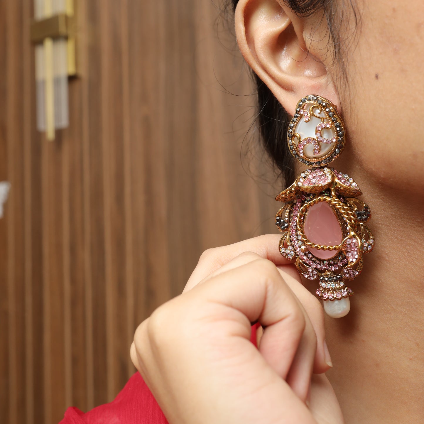 Statement Pink Stone & Pearl Dangle Earrings