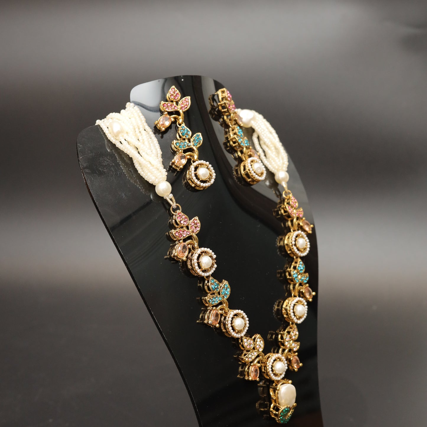 Multi-Stone Floral Necklace and Pearl Strand Set