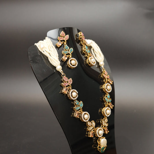 Multi-Stone Floral Necklace and Pearl Strand Set