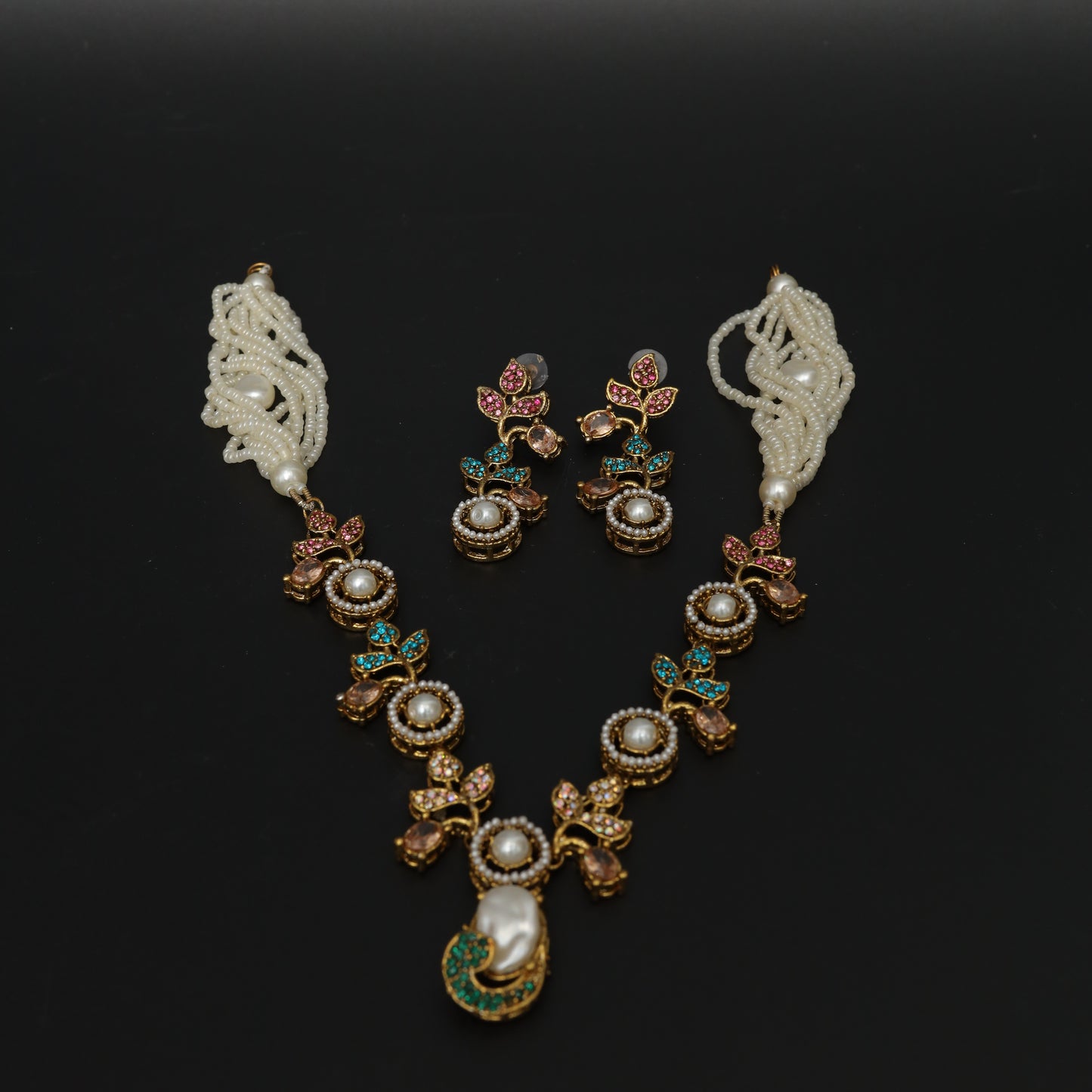Multi-Stone Floral Necklace and Pearl Strand Set