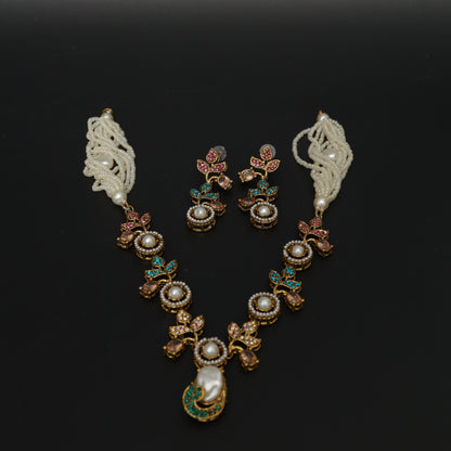 Multi-Stone Floral Necklace and Pearl Strand Set