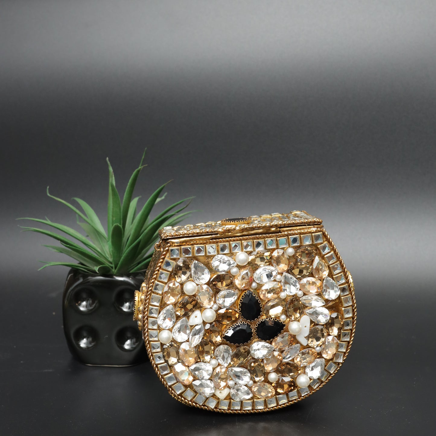 Regal Mirror Work and Black Stone Clutch Bag