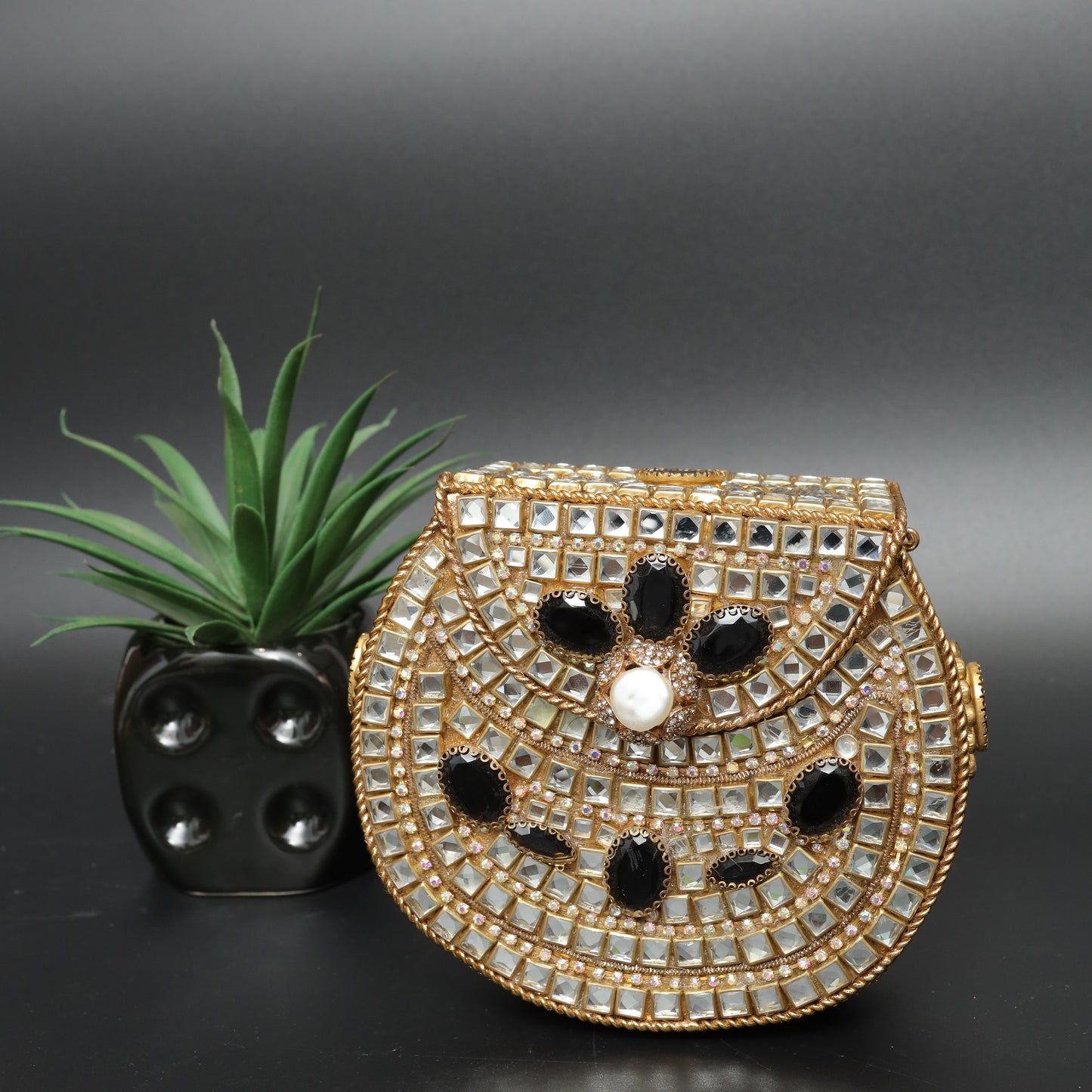 Regal Mirror Work and Black Stone Clutch Bag