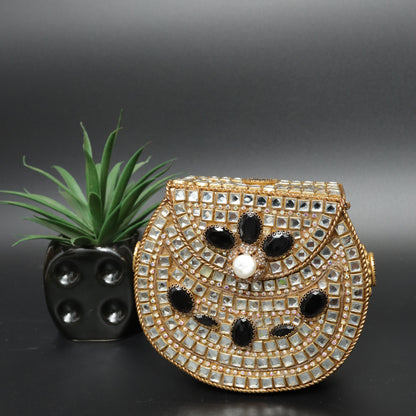 Regal Mirror Work and Black Stone Clutch Bag