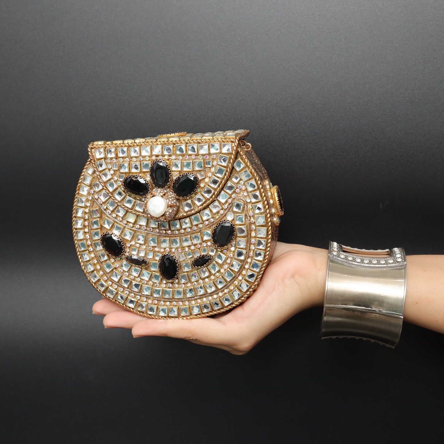 Regal Mirror Work and Black Stone Clutch Bag