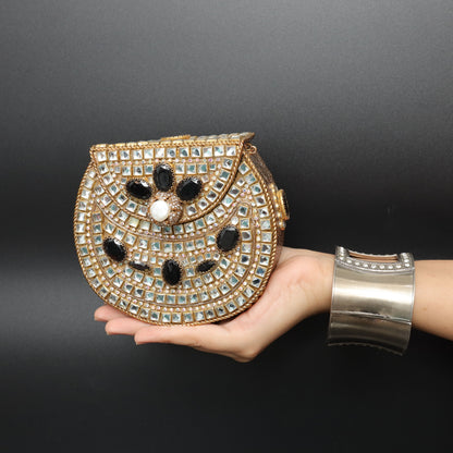Regal Mirror Work and Black Stone Clutch Bag