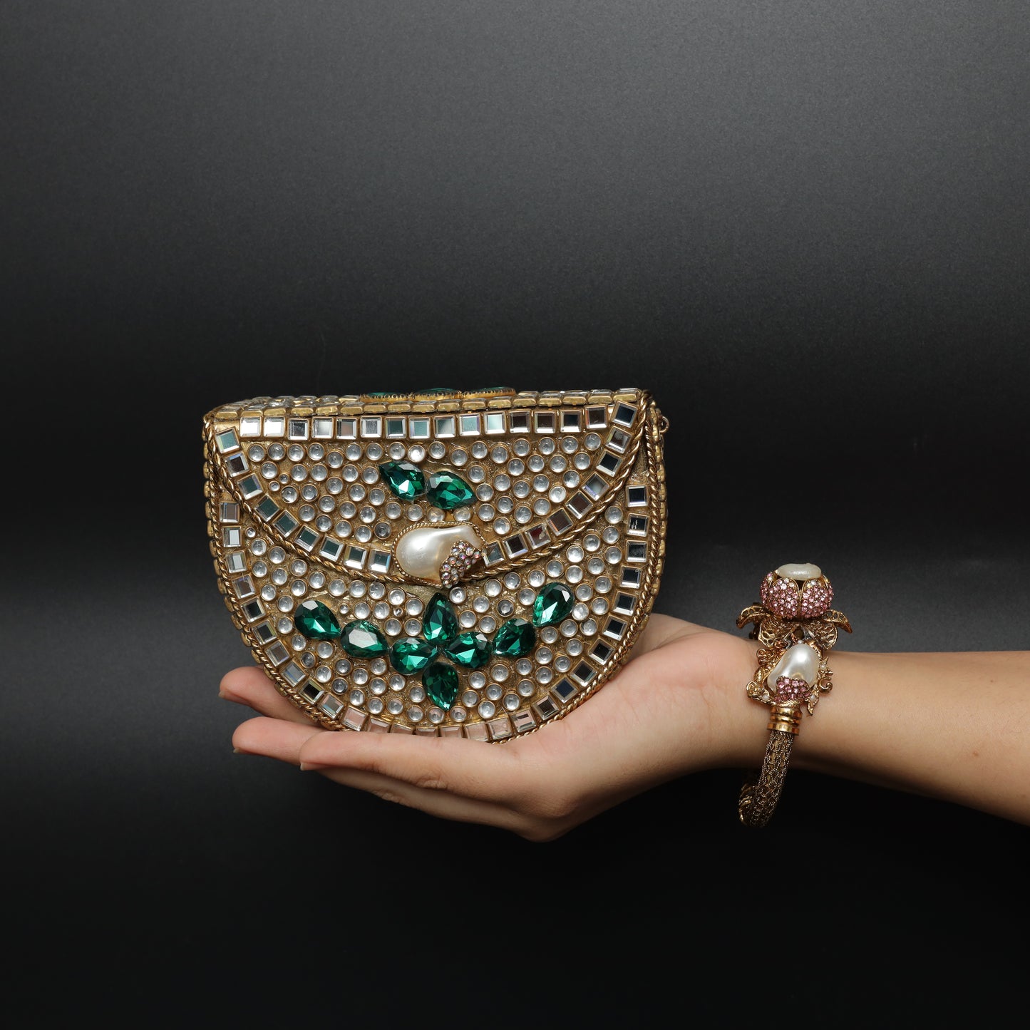 Regal Mirror Work and Emerald Green Stone Clutch Bag