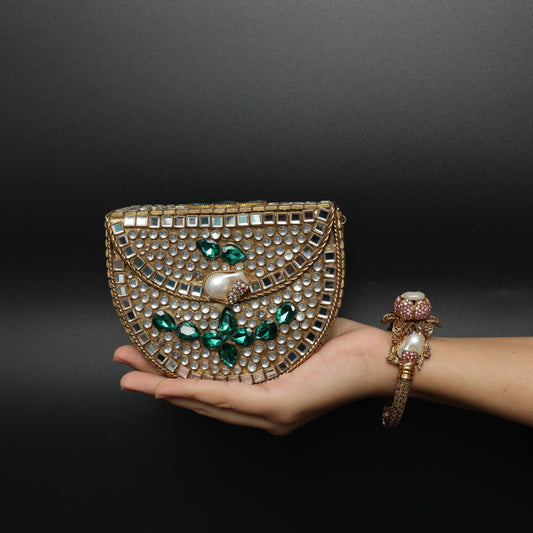 Regal Mirror Work and Emerald Green Stone Clutch Bag