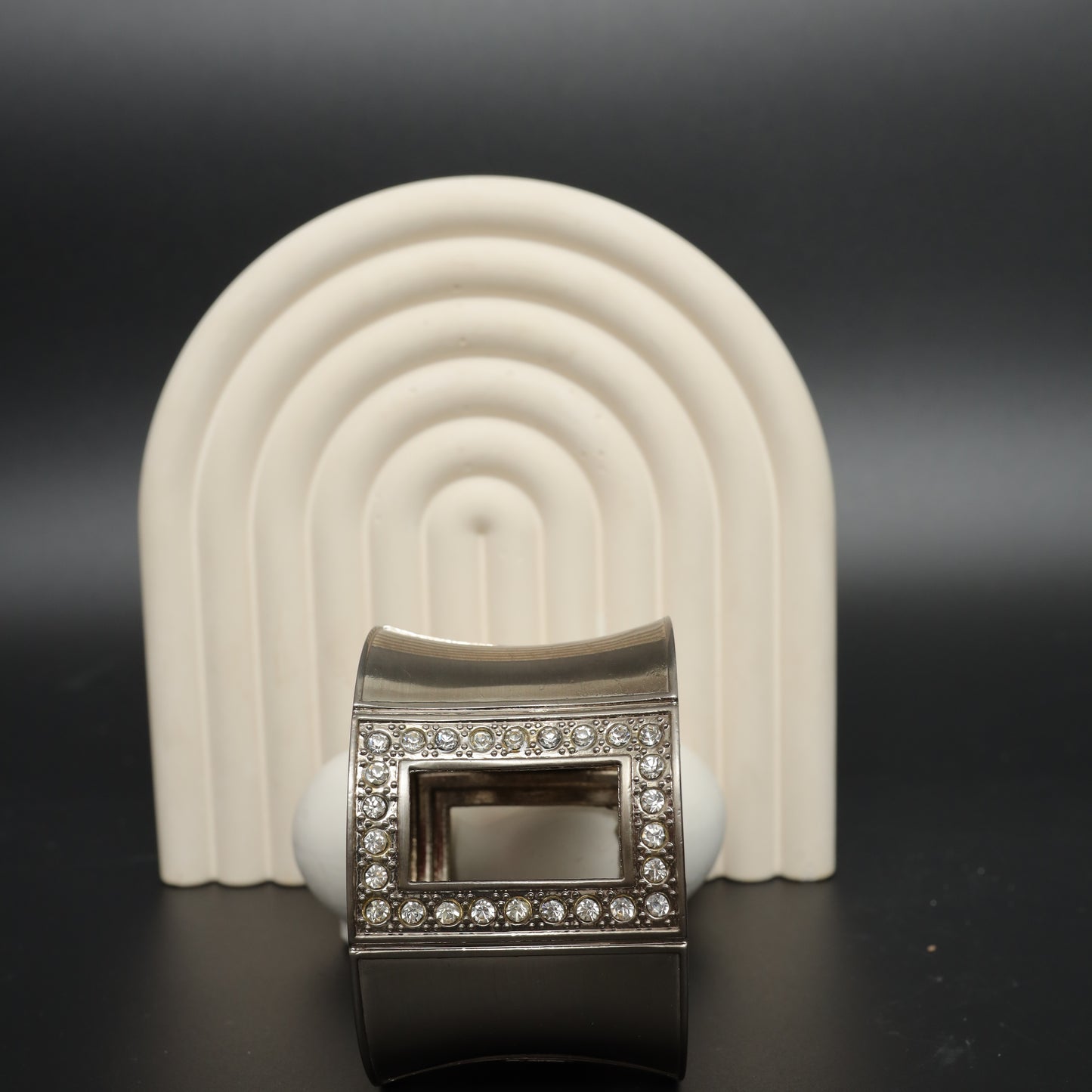 Rhinestone Window Silver Toned Cuff Bangle  Stainless Steel