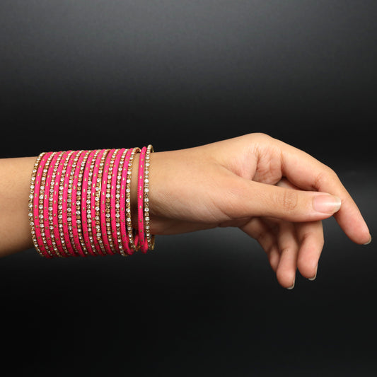 Vibrant Hot Pink Rhinestone Bangle Stack  Stainless