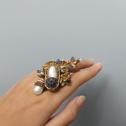 Statement Baroque Pearl and Blue Rhinestone Cocktail Adjustable ring