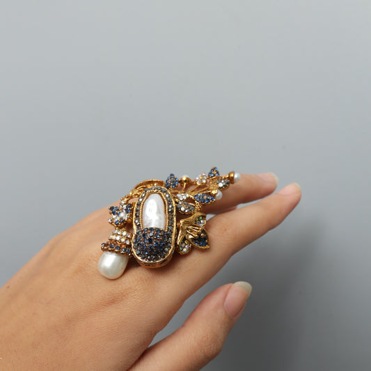 Statement Baroque Pearl and Blue Rhinestone Cocktail Adjustable ring