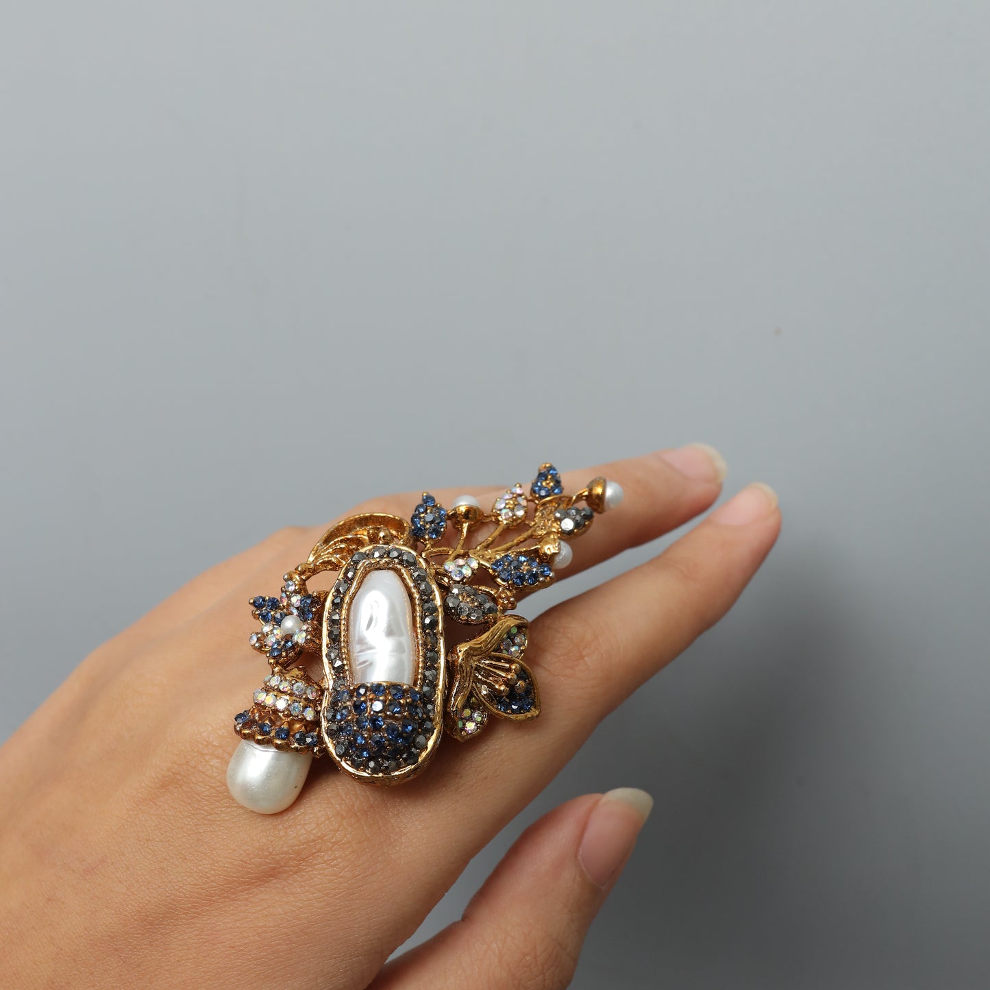 Statement Baroque Pearl and Blue Rhinestone Cocktail Adjustable ring