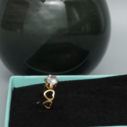Gold Toned Solitaire Ring with Heart Detail Band  Stainless Steel