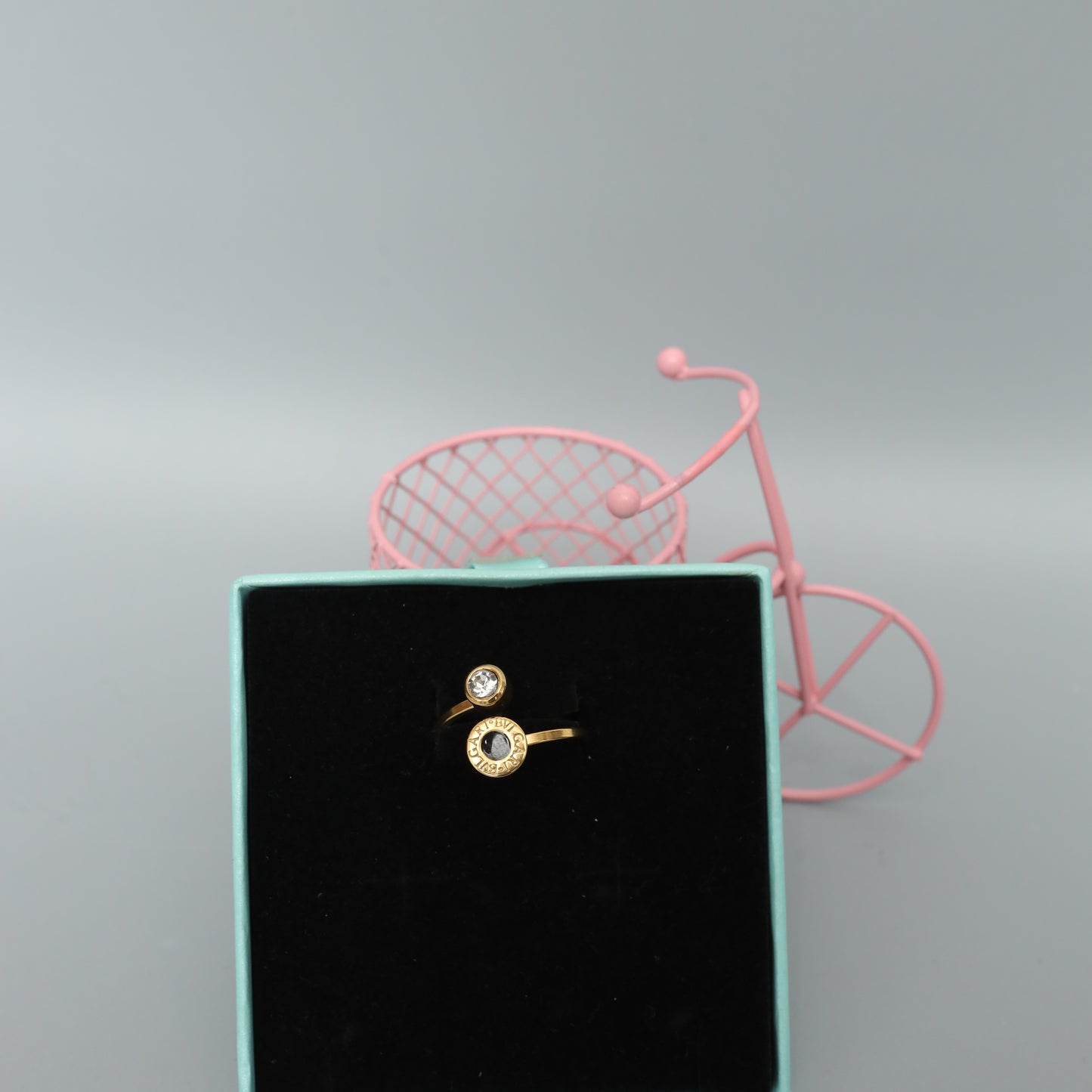 Gold Toned Open Wrap Ring - Rhinestone Solitaire and Roman Numeral Charm  Stainless Steel