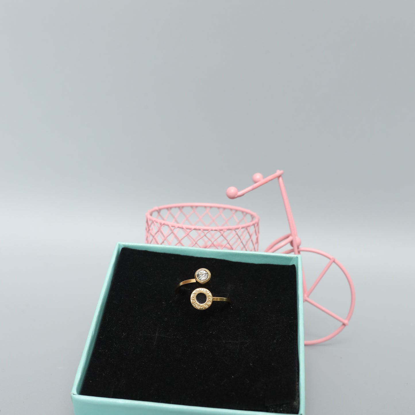 Gold Toned Open Wrap Ring - Rhinestone Solitaire and Roman Numeral Charm  Stainless Steel