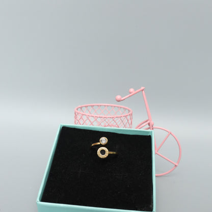 Gold Toned Open Wrap Ring - Rhinestone Solitaire and Roman Numeral Charm  Stainless Steel