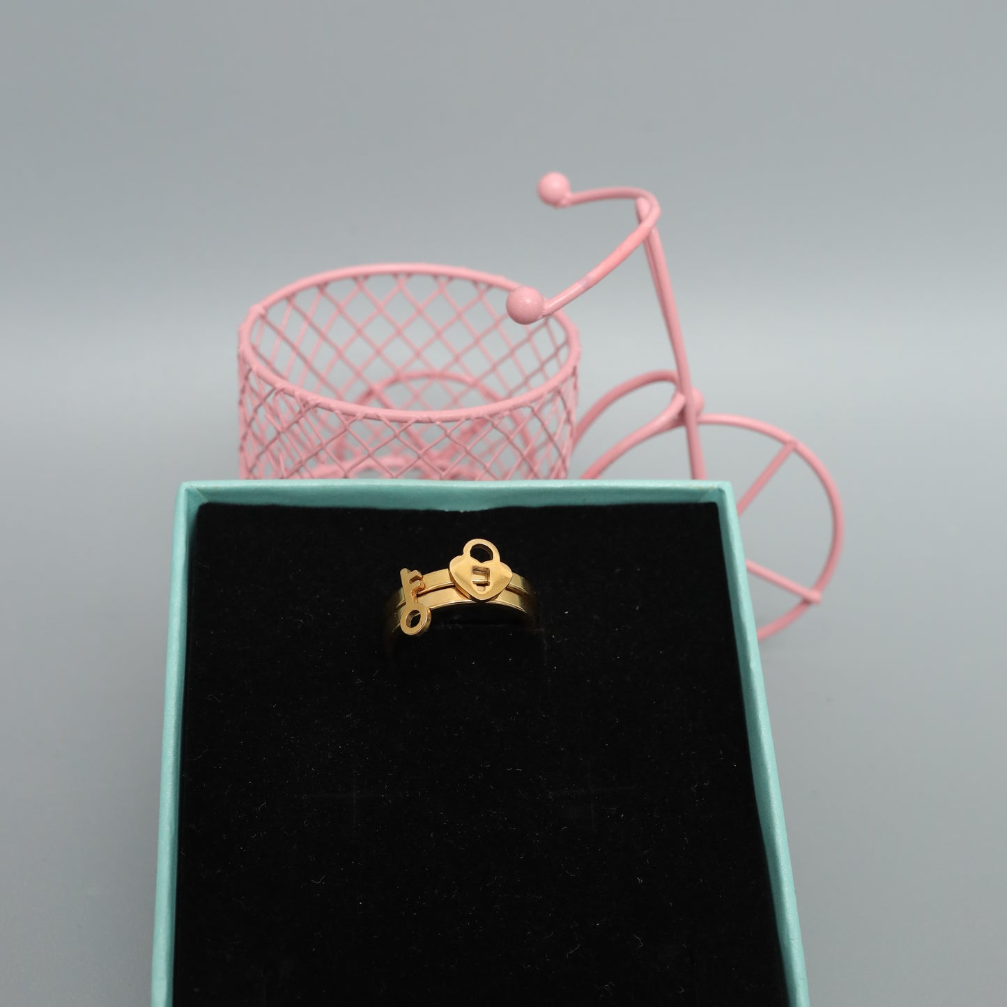 Gold Toned Heart and Key Ring - Symbolic Minimalist   Stainless Steel