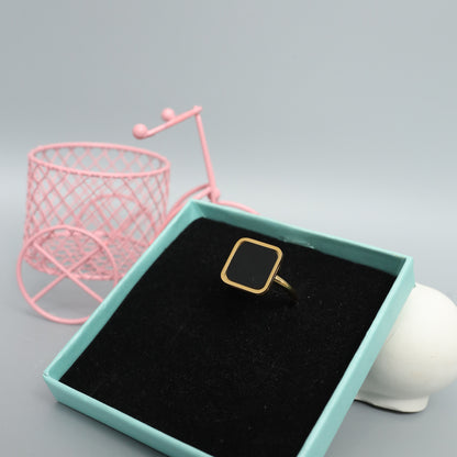 Modern Black Square Enamel Gold Toned Band Ring  Stainless Steel