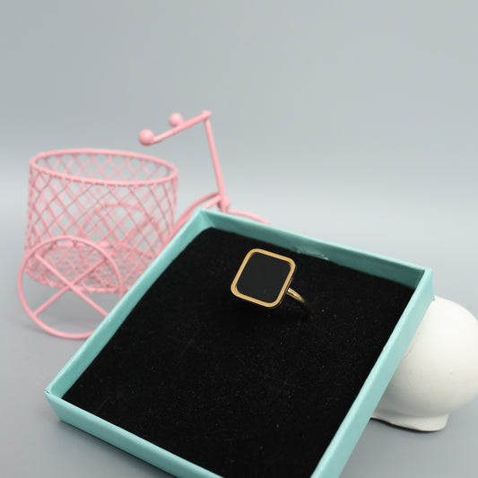 Modern Black Square Enamel Gold Toned Band Ring  Stainless Steel