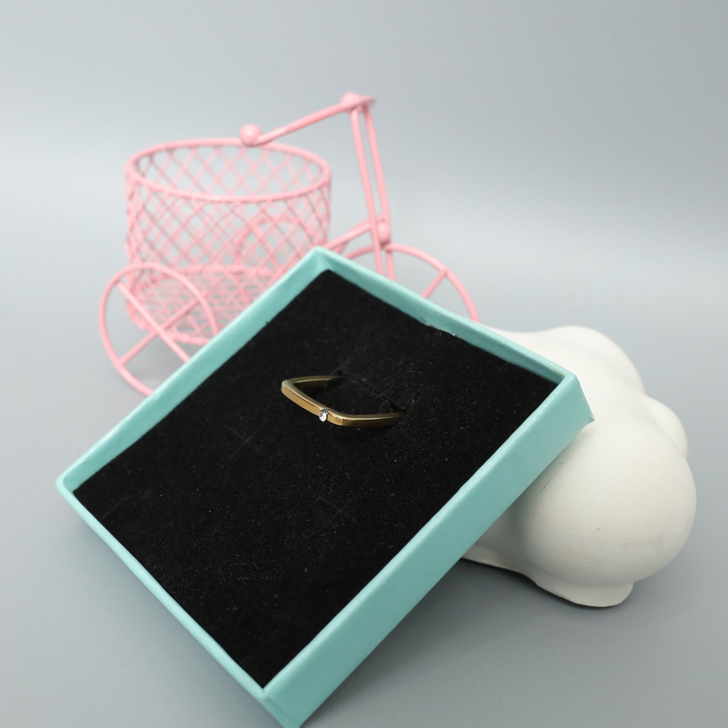 Gold Toned Square Band Ring with Single Rhinestone Accent - Geometric Minimalist Jewelry  Stainless Steel