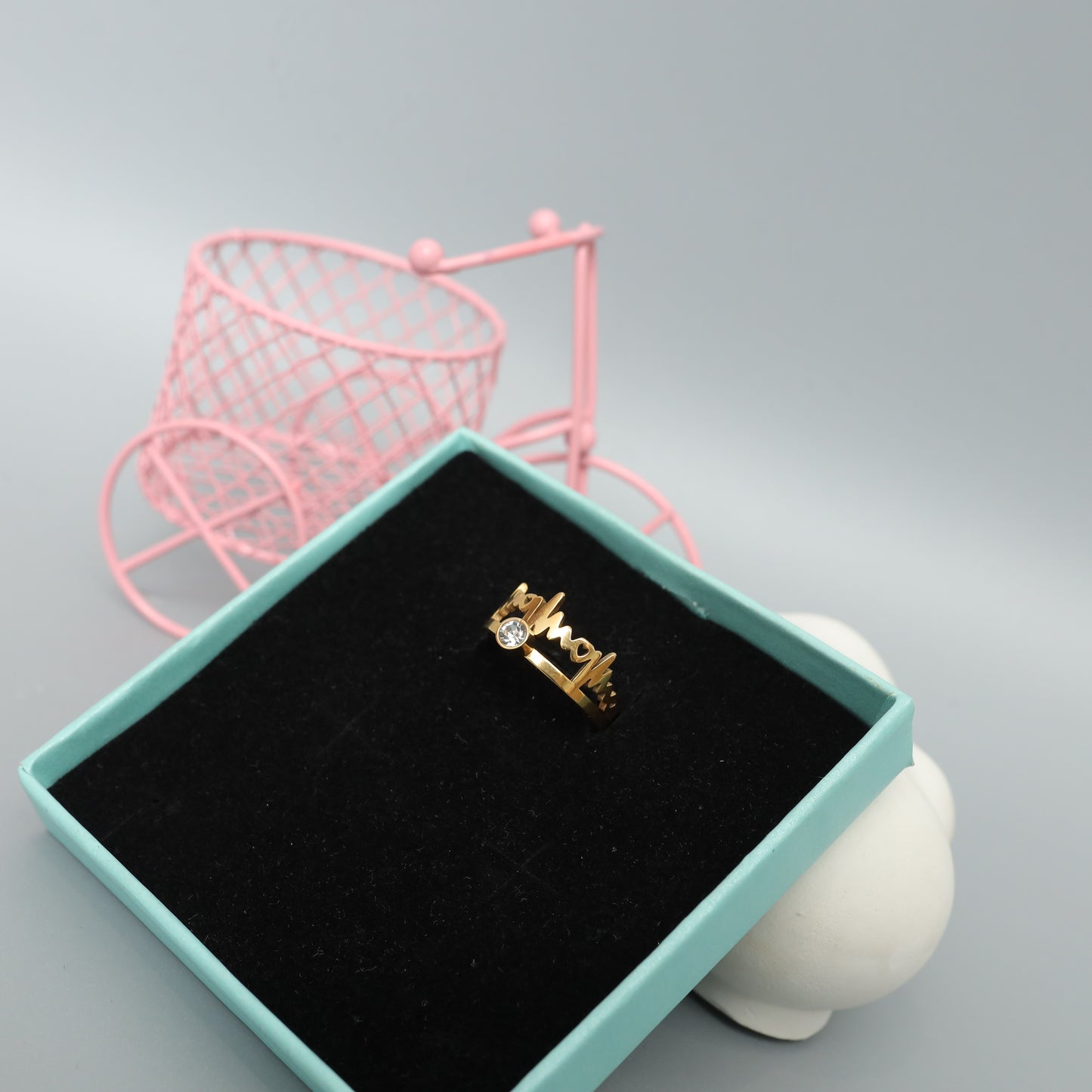 Heartbeat Ring with Diamond-Style Cubic Zirconia - Trendy Gold Toned Statement Piece  Stainless Steel