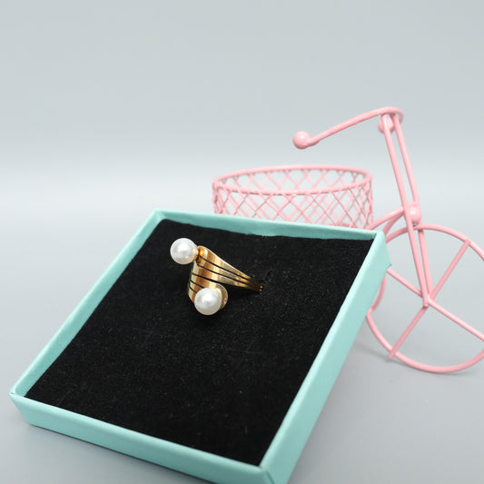 Statement Gold Toned Double Pearl Wrap Ring - Elegant Chunky Cocktail Jewelry  Stainless Steel