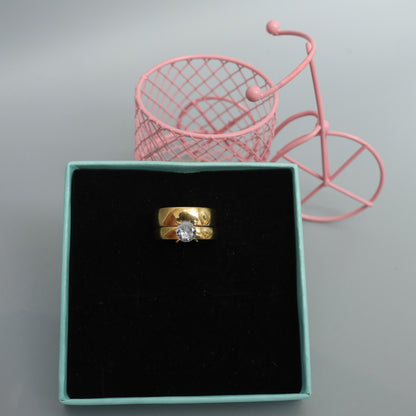 Classic Gold Toned Solitaire Ring Set - Cubic Zirconia Engagement & Wedding Style  Stainless Steel