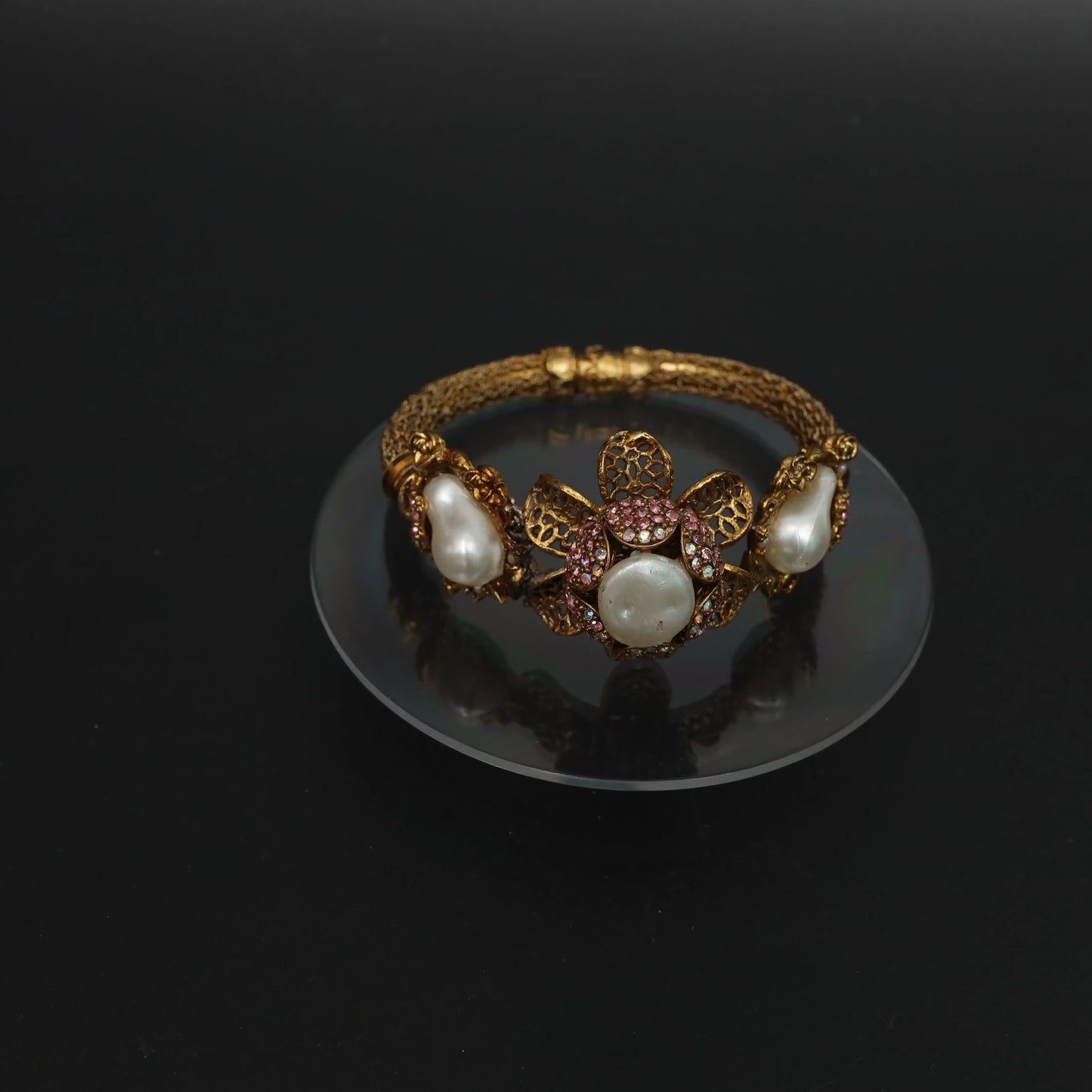 Rhinestone Flower & Pearl Turkish Design Bracelet Stainless