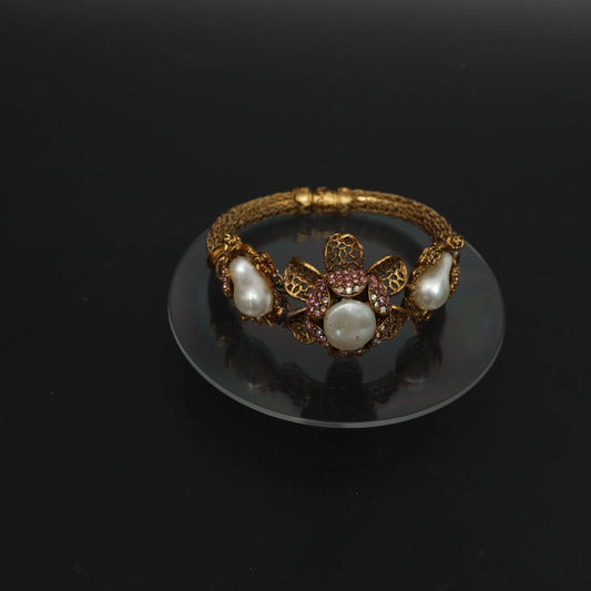 Rhinestone Flower & Pearl Turkish Design Bracelet Stainless
