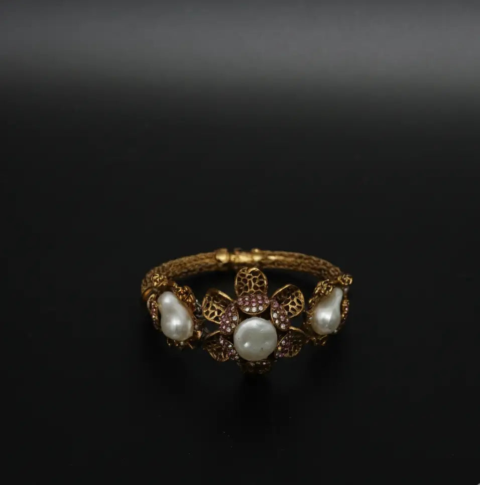 Rhinestone Flower & Pearl Turkish Design Bracelet Stainless