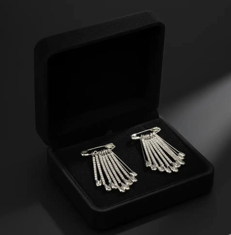 Rhinestone Safety Pin Brooch Set  Stainless Steel