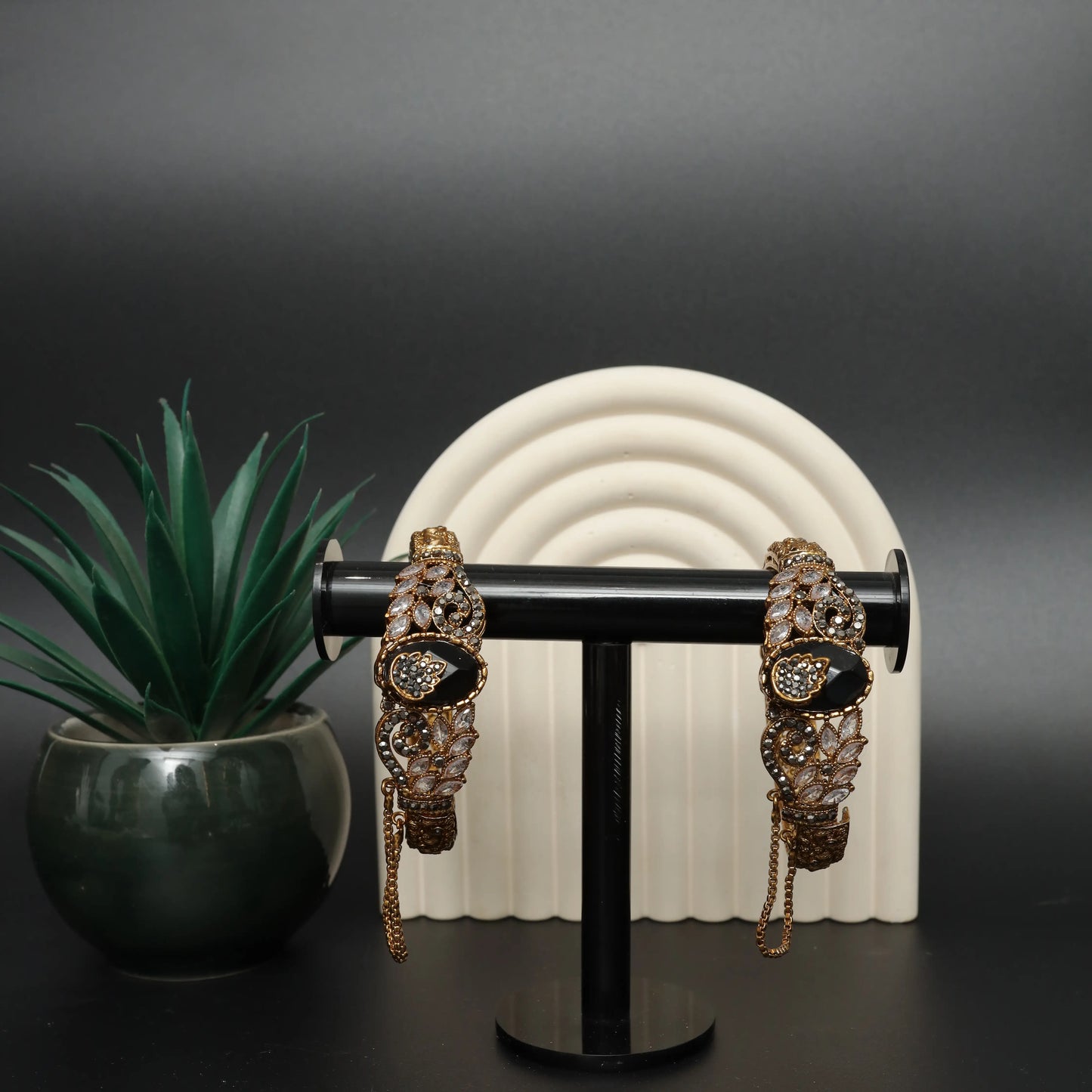 Rhinestone & Black Enamel Turkish Cuff Bangles Stainless