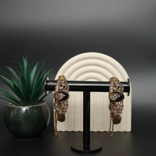 Rhinestone & Black Enamel Turkish Cuff Bangles Stainless