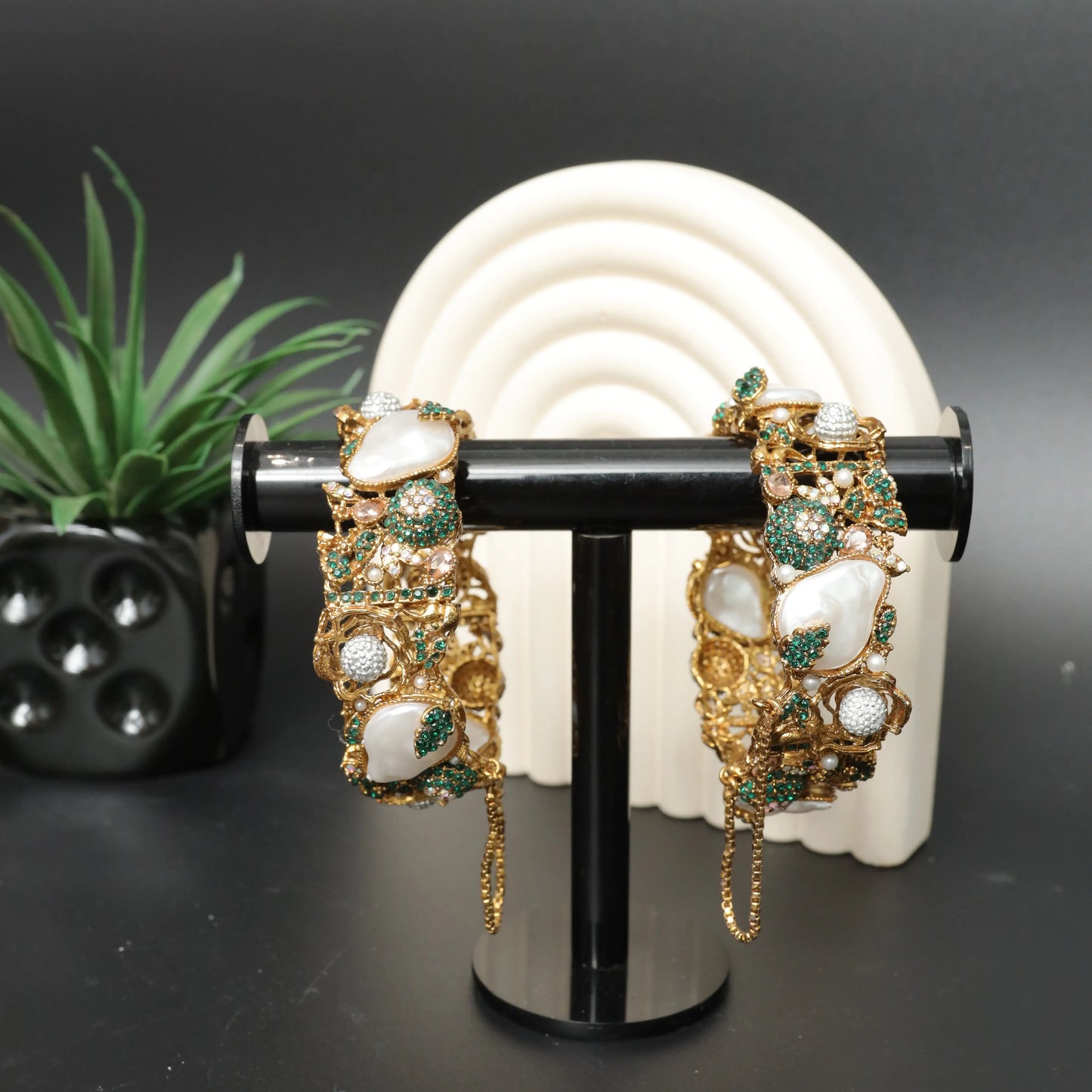 Rhinestone & Green Pearl Cuff Bangles Stainless