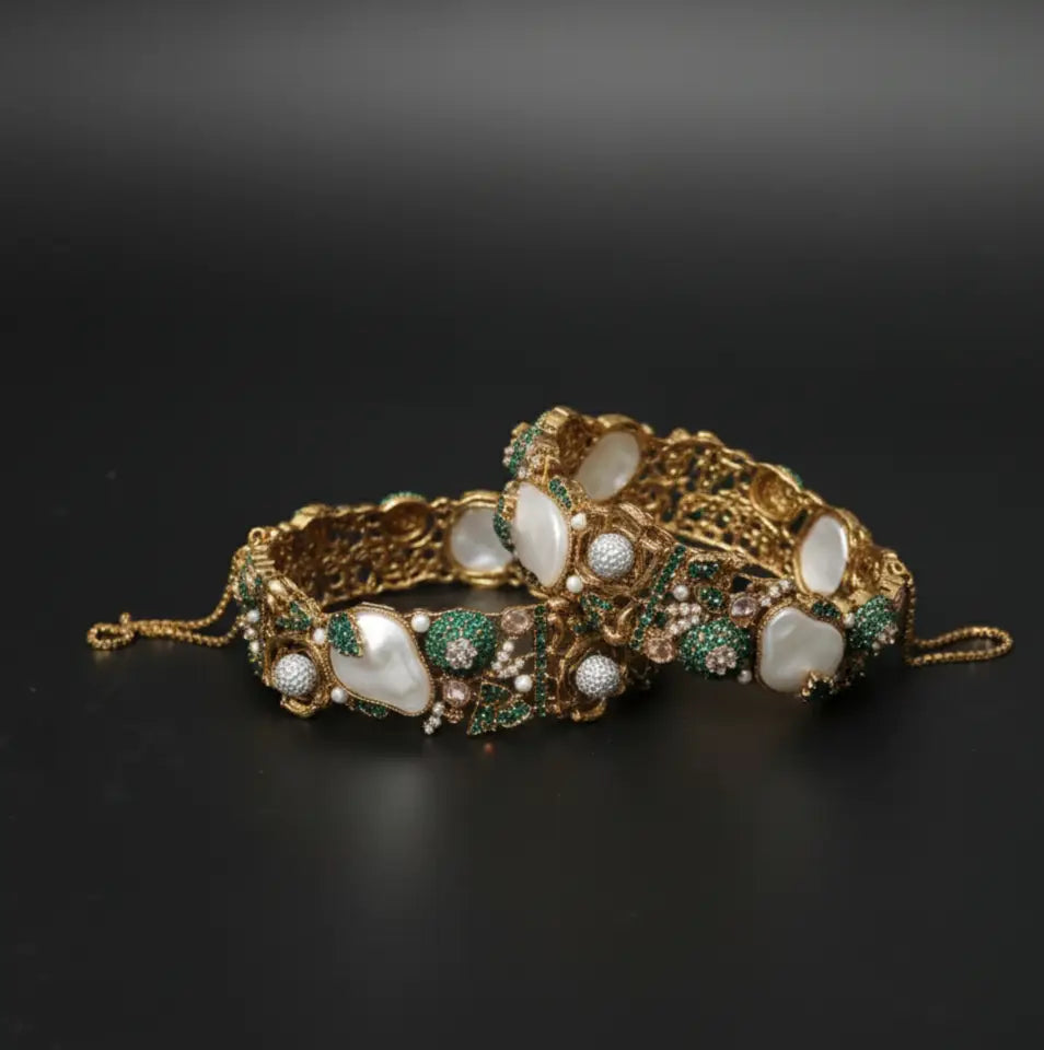 Rhinestone & Green Pearl Cuff Bangles Stainless