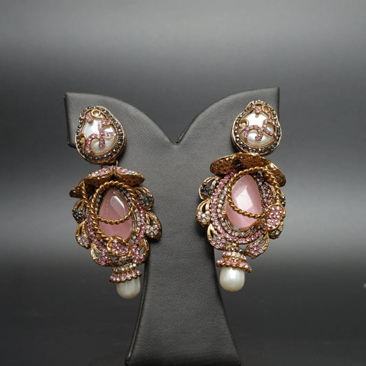 Statement Pink Stone & Pearl Dangle Earrings